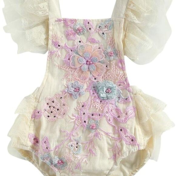 Newborn Infant Baby Girl 3D Flower Crochet Lace Romper Bodysuit Ruffle 12-18 Mon - Picture 2 of 12